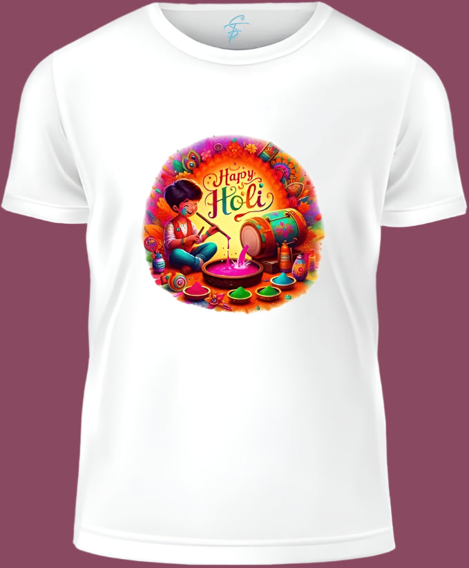 Happy Holi Unisex Colors Making Child Festival Graphic T-Shirt, White 100% Cotton, Joyful Color Festival Tees
